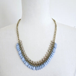 Statement Necklace Blue Beads Rhinestone Goldtone Chain Classic Retro Cocktail